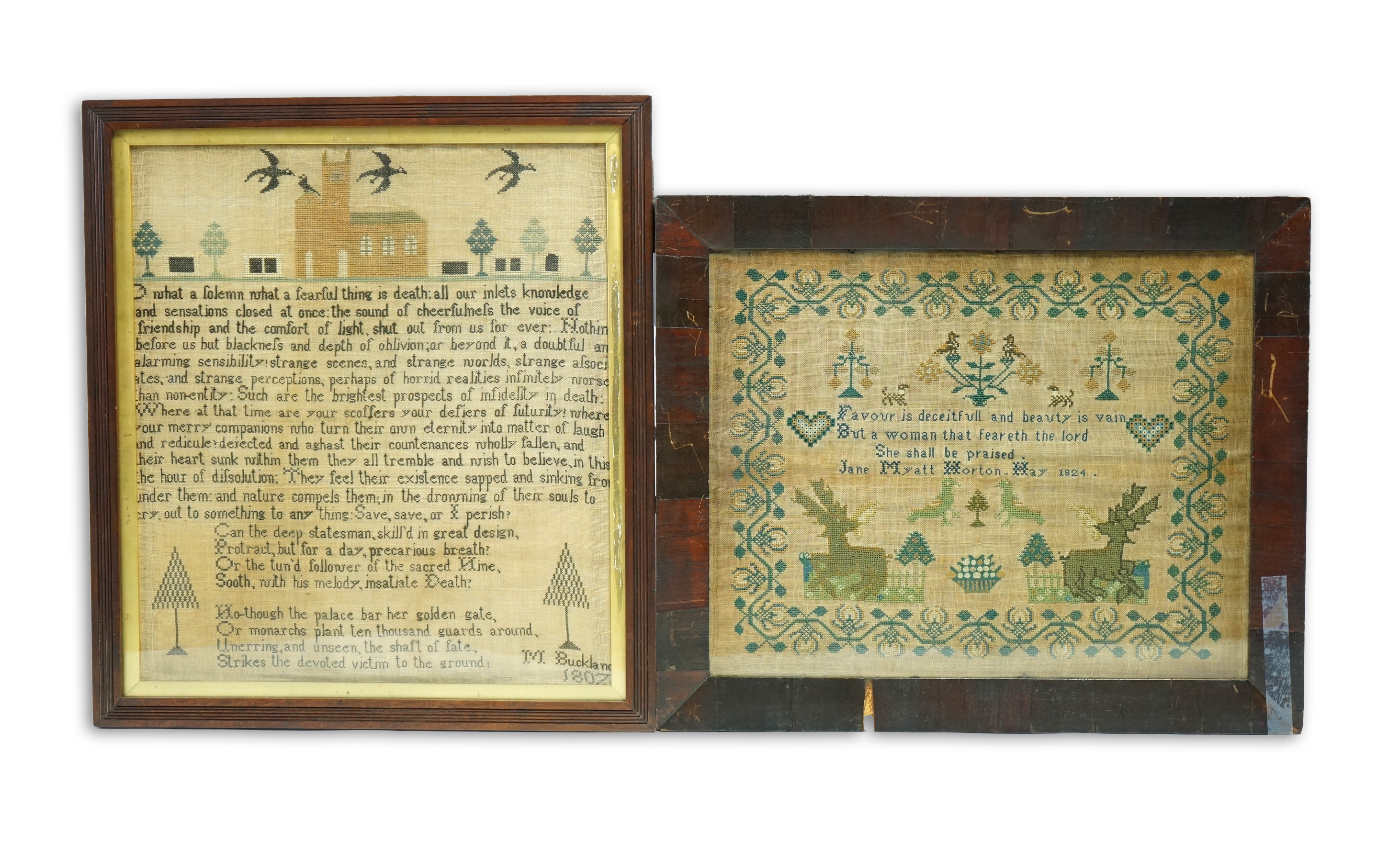 Two early 19th century framed samplers. One dated 1807 by M Buckland, worked with a church, blackbirds and trees and large verse, the other dated 1824 by Jane Myatt Horton worked with a wide border, with spot motifs of d